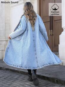 Mobula Sound Fashionable And Casual Long Denim Jacket With Thermal Lined For Women, Suitable For Autumn/Winter - Navy Blue - View 7