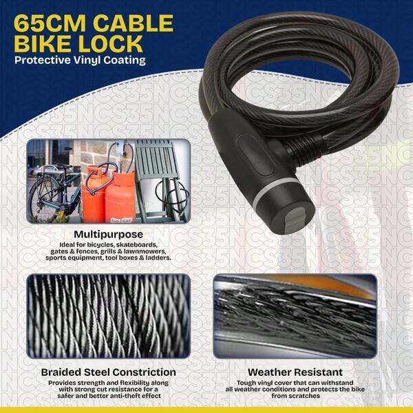 1 pièce Cadenas de câble de vélo haut de gamme, cadenas de câble antivol durable avec 2 clés, longueur de câble de 65 cm en acier antivol, pour vélos, vélos électriques, motos, scooters, poussettes, tricycles, fauteuils roulants, armoires intérieures, clôtures, voiturettes de golf, valises et plus encore