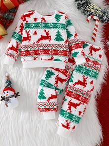 Girls' Warm Fleece Set, Christmas Reindeer Print, Suitable For Casual Daily Wear, Can Be Used As Holiday Gift