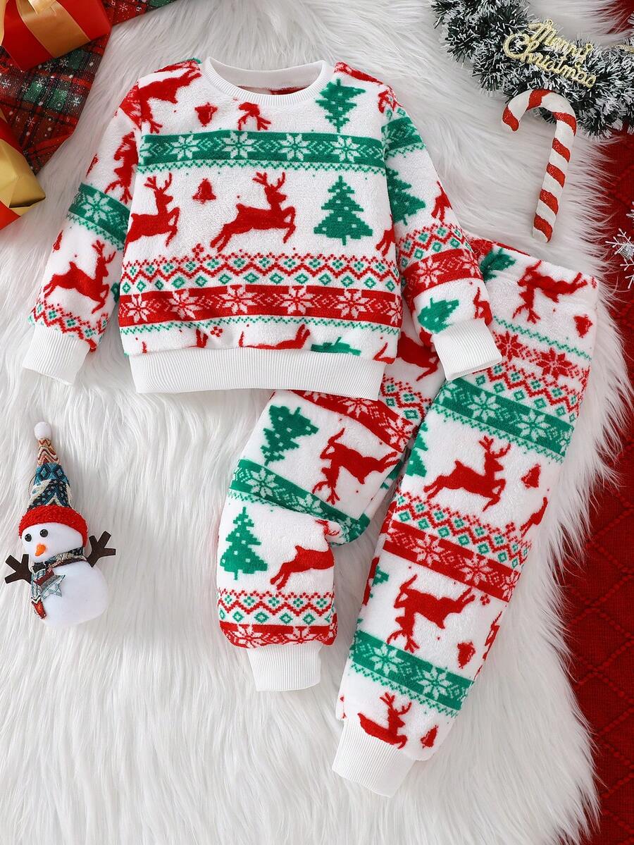 Girls' Warm Fleece Set, Christmas Reindeer Print, Suitable For Casual Daily Wear, Can Be Used As Holiday Gift