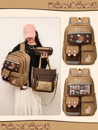 3-delat set med söta ryggsäckar med kapybaratema, inklusive tygväska och pennfodral, tillverkat av nylonmaterial med dragkedja, laptopfack och flera fickor - perfekt för resor och dagligt bruk, perfekt present till kapybaraälskare