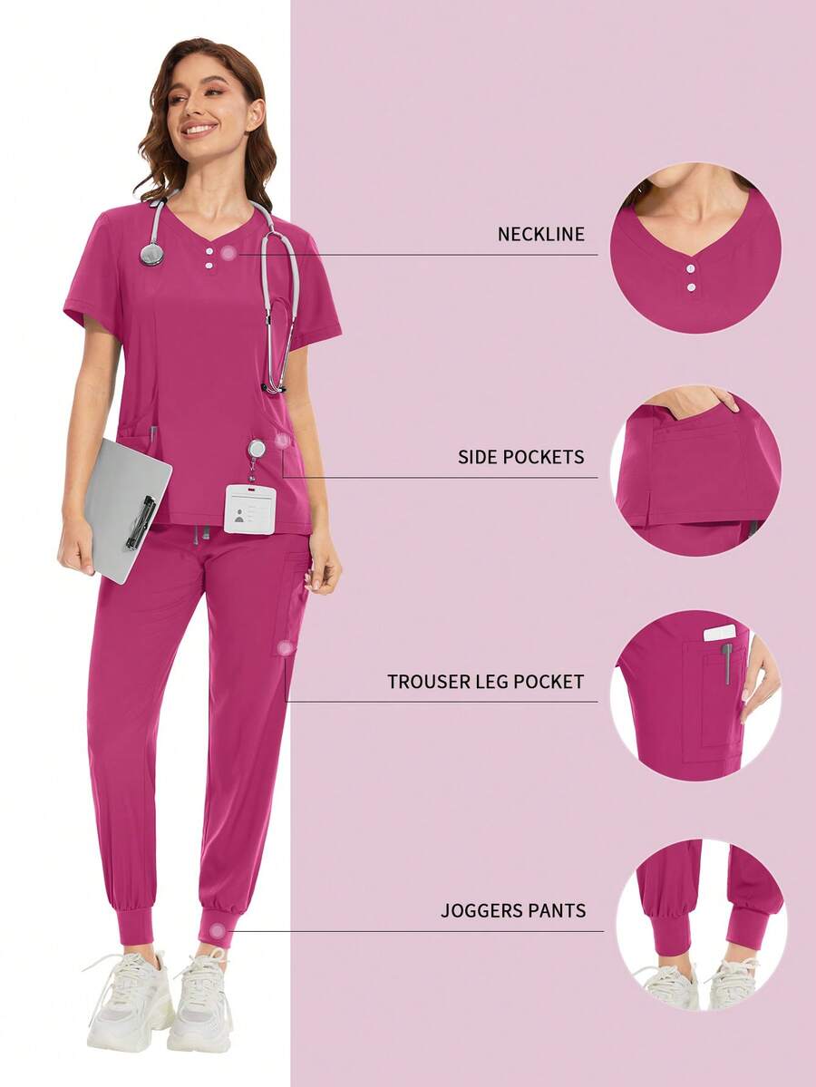 Women's Fashion Uniform Set, Includes Surgical Gown And Sweatpants, Suitable For Doctors, Nurses, And Spa Services - Hot Pink - View 1