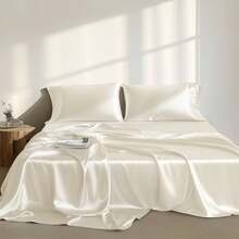 4/6 Pieces Solid Satin Luxury Sheet Set With 1*Flat Sheet,1*Fitted Sheet,4*Pillowcases Without Core,Luxury Silky With Natural Sheen,Elastic 14" Pocket Fits Up To 16" Mattress,Soft Comfortable Breathable Bedding Mattress Protector Set,All-Season Elegant Home Textile For Full-Queen-King-California King Size,Ideal Festive Celebrations Holiday Gift For Bedroom Decor - 象牙 - 查看 2