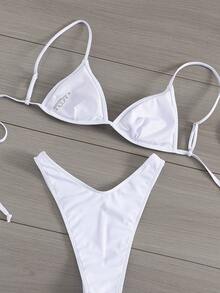 夏季性感纯色系带露背比基尼两件套泳衣，适合海滩度假，白色 - 白色 - 查看 4