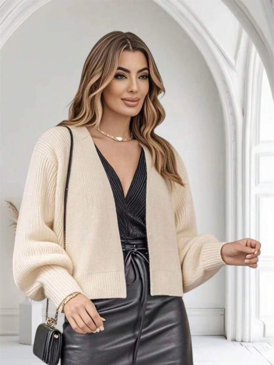 Women's Knitted Winter Coat With Puff Sleeves, Simple, Knitted - Putih - View 1