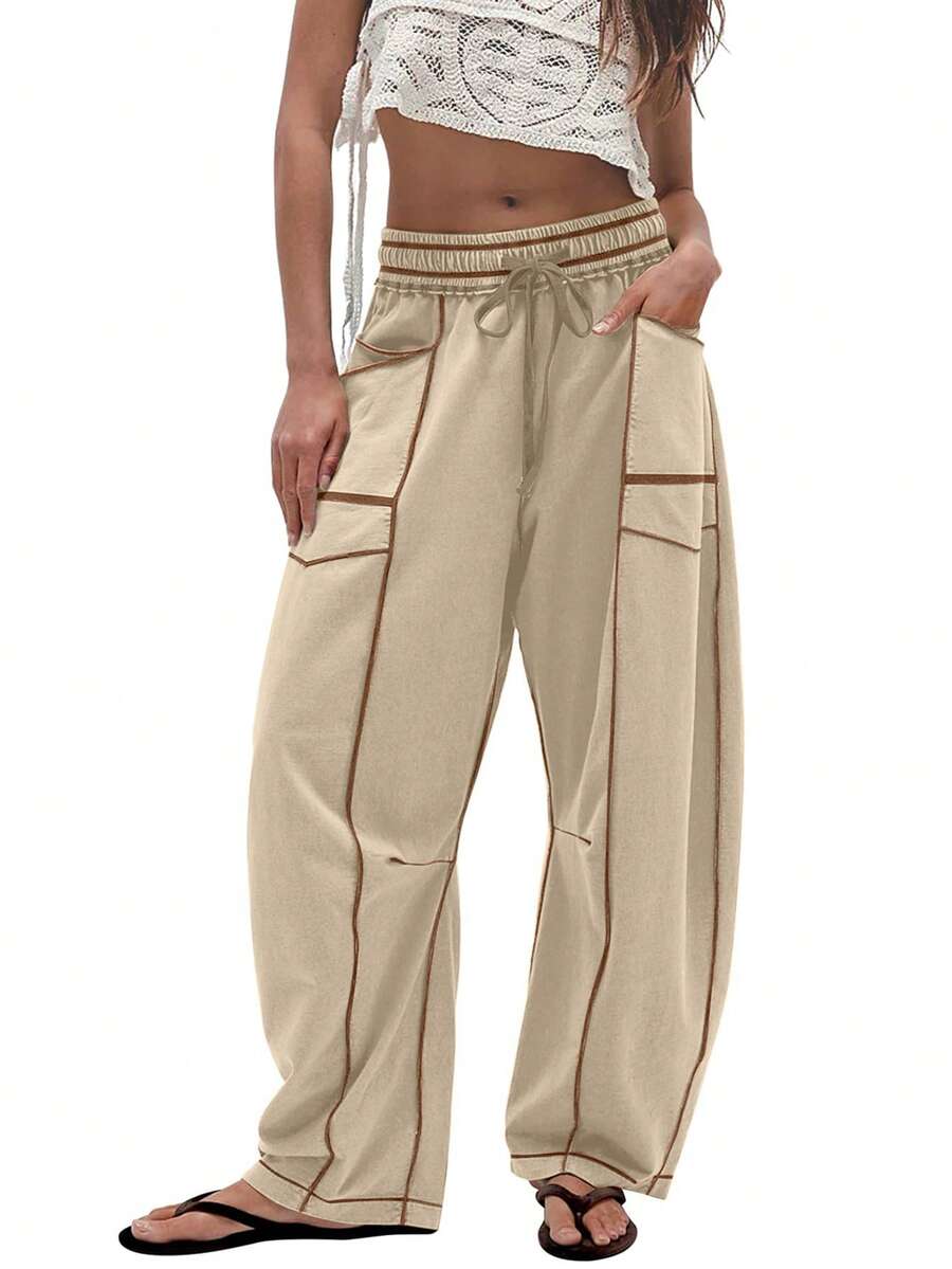 Women's Casual Cylinder Pants Wide Leg Casual Drawstring Sweatpants With Pockets - Khaki - View 1