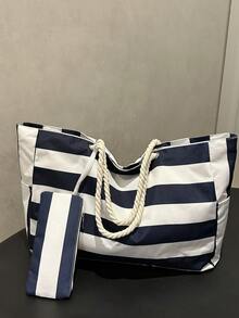 Set de 2 bolsas de playa impermeables para mujer, con cierre de cremallera, diseño impermeable y a prueba de arena, patrón de rayas aleatorio, gran capacidad, adecuado para piscina, escuela, viajes, trabajo, vacaciones, compras y otras ocasiones - Azul - Ver 2