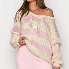 Women Y2K Striped Sweater Top Long Sleeve Crew Neck Oversized Knit Pullover Top Color Block Jumper Top Fall Winter Fashion Clothes - 粉色 - 查看 1