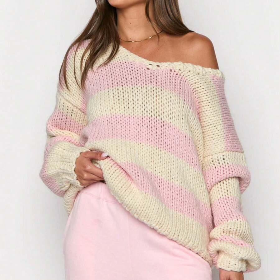 Women Y2K Striped Sweater Top Long Sleeve Crew Neck Oversized Knit Pullover Top Color Block Jumper Top Fall Winter Fashion Clothes - 粉色 - 查看 1