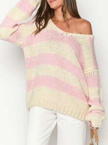 Women Y2K Striped Sweater Top Long Sleeve Crew Neck Oversized Knit Pullover Top Color Block Jumper Top Fall Winter Fashion Clothes - 粉色 - 查看 3