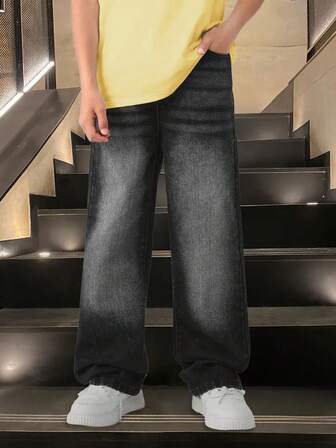 Vintage Washed Denim Straight Leg Casual Jeans For Older Kids, Fall 2025 New Arrival