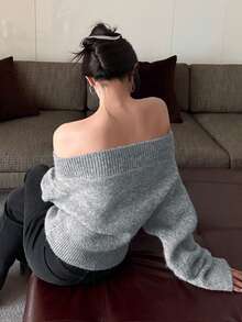 Cardigan Rajut Bergaya Retro Korea dengan Resleting, Jaket Sweater Bahu Terbuka, Estetika Yunani, Potongan Ramping Kelas Atas - Grey - View 3