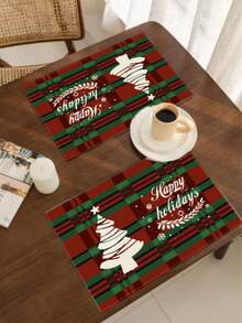2pcs/4pcs/6pcs/8pcs Christmas Linen Placemats, Red Check Christmas Tree Pattern Placemats, 12*18 Inches Heat Resistant, Non-Slip And Washable, Suitable For Christmas Holiday Farmhouse Family Gatherings And Party Decoration Placemats