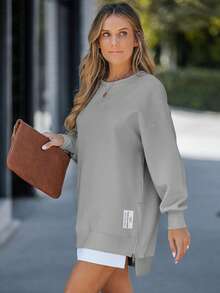 ChicMe 女式圆领长袖套头衫连衣裙拉链开衩设计仿两件套纯色休闲超大码服装适合日常街头