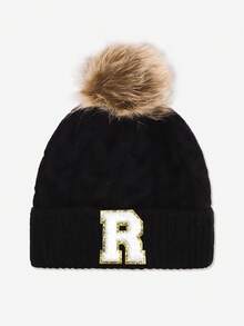 1pc Baby & Toddler Letter Pom Pom Knit Hat, 26 Letters Available, Knitted Cap, Suitable For Baby Boys & Girls Everyday Wear In Autumn/Winter - Black - View 19