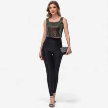 Women's Sequin Square Neck Tank Top With Sleeveless Design And Cropped Fit - Multicolored - Multicolor - View 6