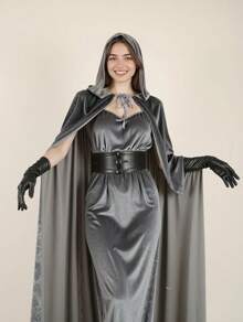 Black Witch Velvet Halloween Hooded Cape King Robe Outfit Renaissance Medieval Costume