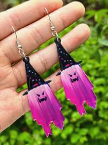 1 Pair Halloween Ghost & Wizard Hat Acrylic Pendant Earrings, Double-Sided Print, Spooky Festival Decor Earrings