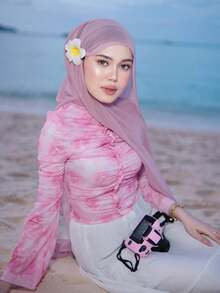 1 件纯色珍珠雪纺围巾，休闲优雅透气头巾，户外防晒头巾，适合日常、海滩和度假