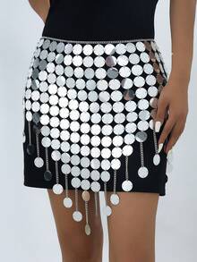 1入售銀色閃爍亮片裙鏈，歐美時尚性感復古派對夜店皇后迪斯科舞臺誇張銀色流蘇珠片迷你裙，腰鍊身體配飾