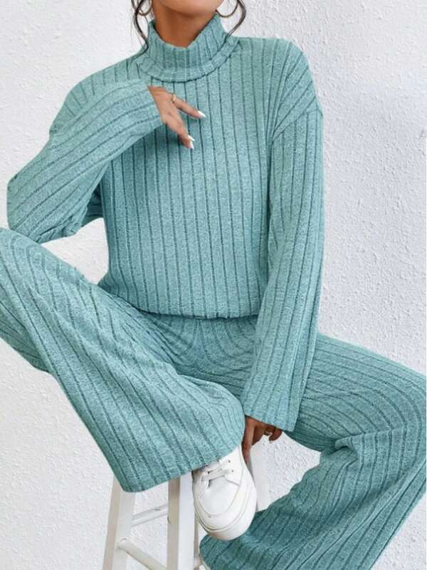 Conjunto de pijama de pantalón ancho de pierna ancha acanalado y holgado de manga larga con cuello alto de unicolor para mujer, ropa de otoño/invierno