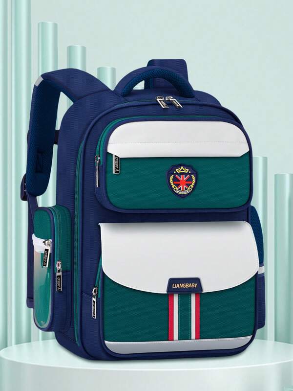 1pc Kids/Boys/Girls British Badge Oxford Cloth Backpack, Lightweight & Durable, Zipper Closure, Adjustable Shoulder Straps, Reflective Strips, Multi-Compartment Large Capacity Padded School/Work/Daily Commute Bag, Back To School Gift