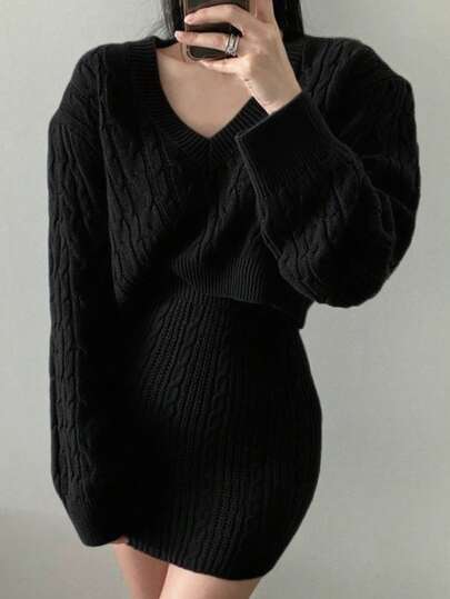 Korean Chic Soft Knit V-Neck Sweater + High Waist Slim Fit Bodycon Skirt Set For Women