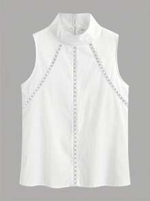 Plus Size Women Solid Color Sleeveless High Neck Loose Lace Trim Blouse