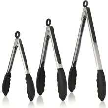 3-Piece Premium Stainless Steel Tongs Set With Silicone Handles - Food Safe, Metal Kitchen Utensils, Durable Cooking And Serving Tongs