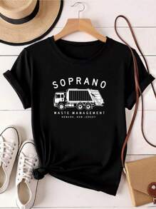 180g Pure Cotton Tony Soprano Waste Management T-Shirt  American TV Show Casts Black For Women Breathable Comfortable Casual Soft Streetwear Top For Everyday Wear Slightly Versatile Graphic Unisex Stretched Print Round Neck Short Sleeve Stylish Summer Fashion Men Designer Clothes - 黑色 - 查看 1