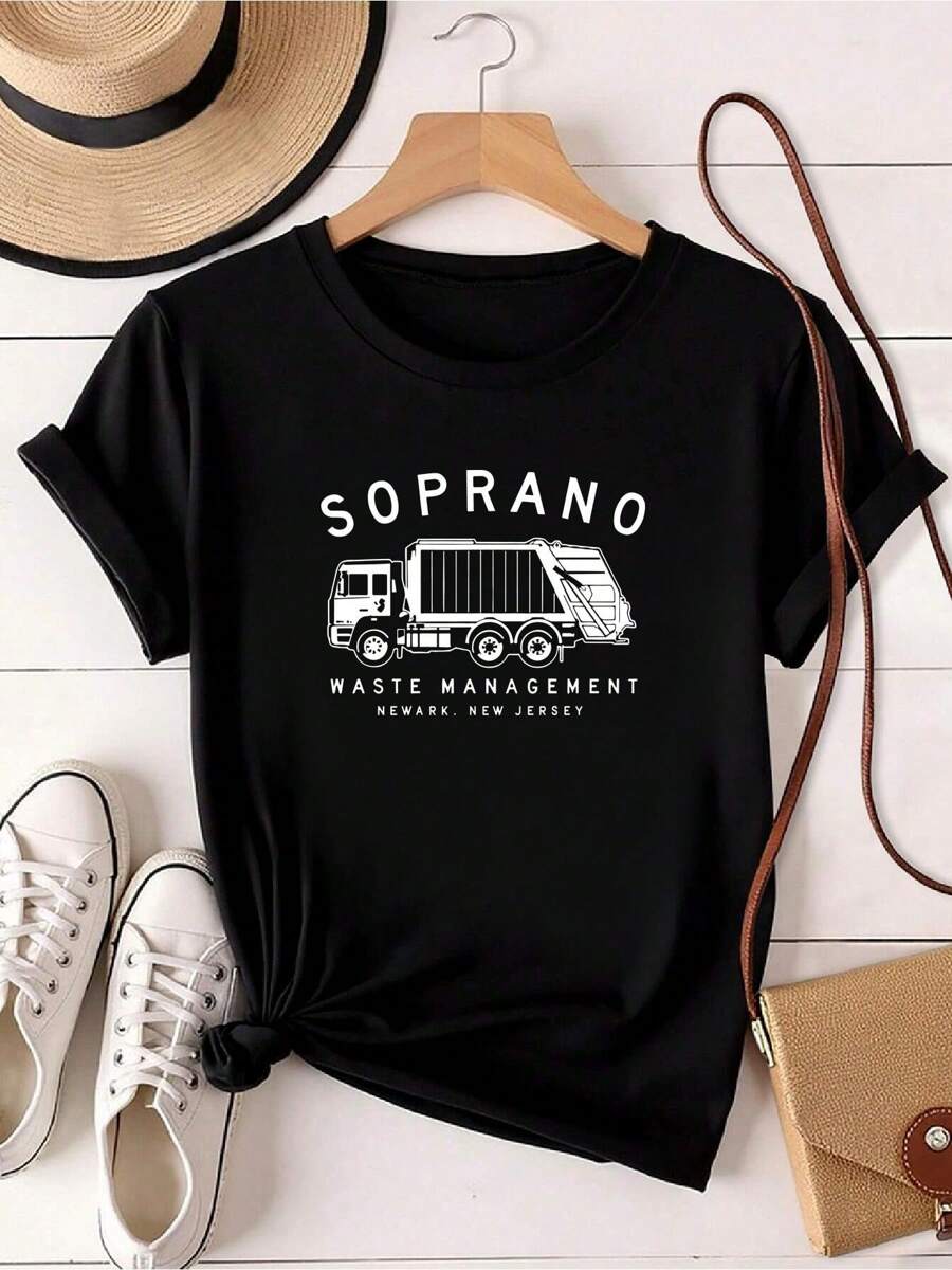 180g Pure Cotton Tony Soprano Waste Management T-Shirt  American TV Show Casts Black For Women Breathable Comfortable Casual Soft Streetwear Top For Everyday Wear Slightly Versatile Graphic Unisex Stretched Print Round Neck Short Sleeve Stylish Summer Fashion Men Designer Clothes - 黑色 - 查看 1
