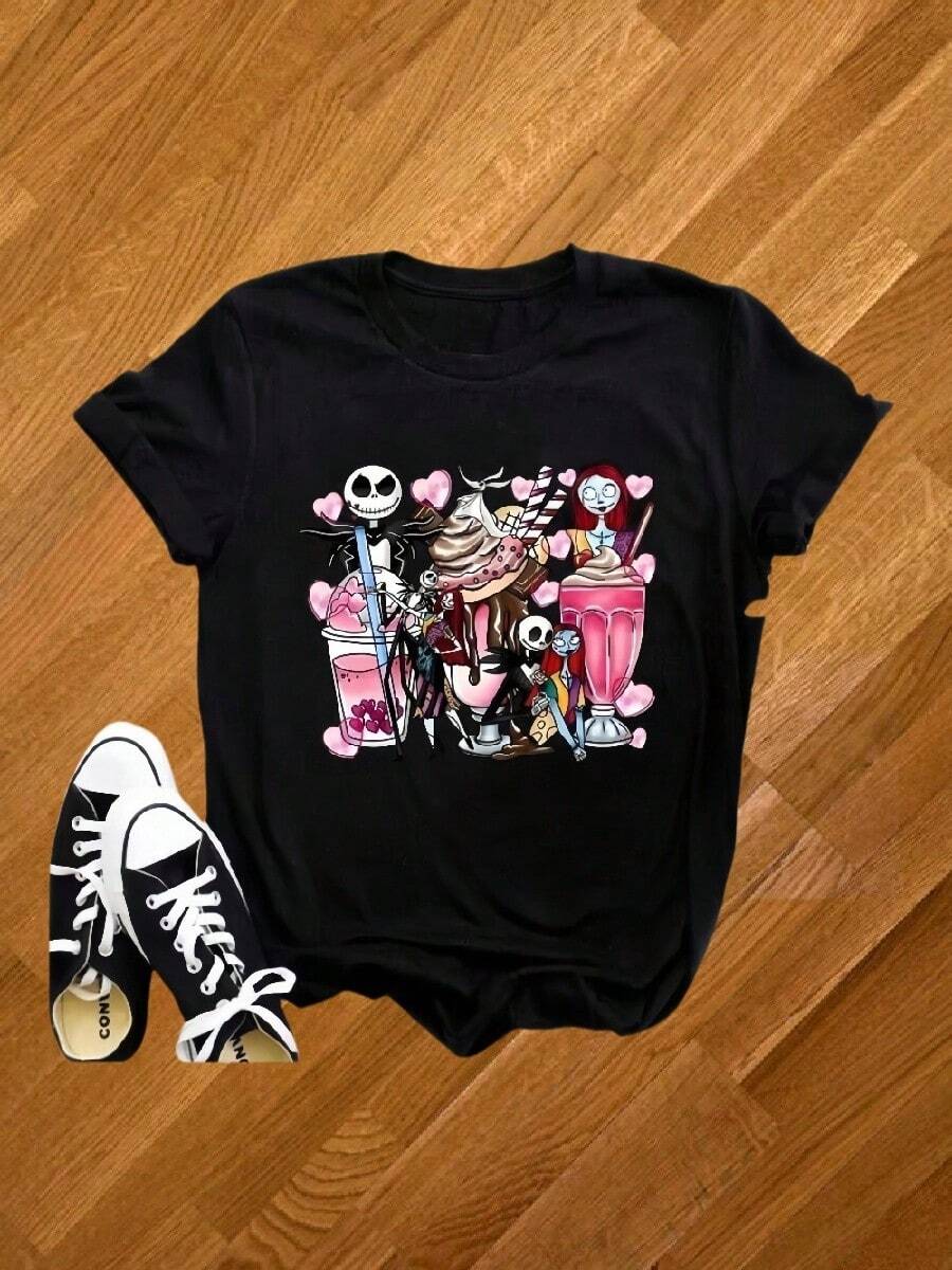 Fans Cool- Nightmare Before Christmas Jack Sally Printed T-Shirt Summer Women Short Sleeve Streetwear T Shirt Harajuku Tshirt Tops - màu đen - Xem 1