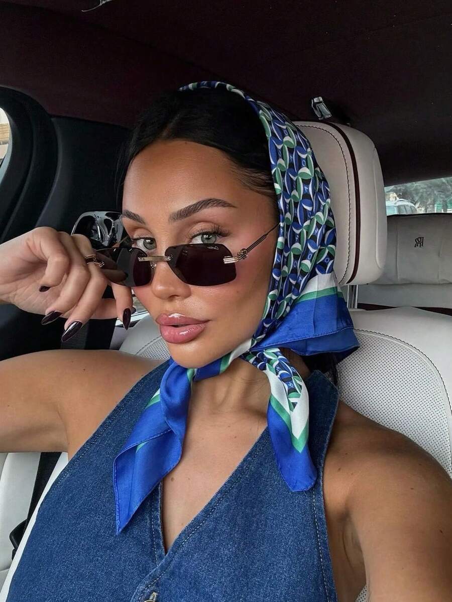 1pc Bohemian Style Luxury Letter Print Silk Women's Bandana, Casual Multifunctional Scarf Shawl, Breathable Sun Protection, Suitable For Daily Wear And Gift - Blue - View 1