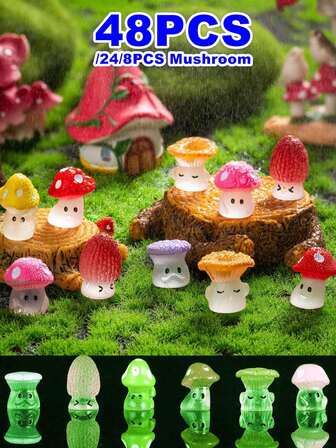 8/24/48pcs Mini Luminous Resin Mushroom Fairy Garden Decoration Glow In The Dark Miniatures Mushrooms Moss Landscape Bonsai Ornaments