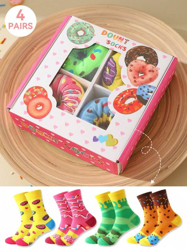 4 pares de calcetines con diseño de donut, calcetines unisex de media pantorrilla con patrón de rayas de colores, diseño inspirado en comida, elegante y cómodo, adecuado para regalos de cumpleaños, Acción de Gracias, Halloween, Navidad, fiestas, uso casual/oficina, todas las estaciones
