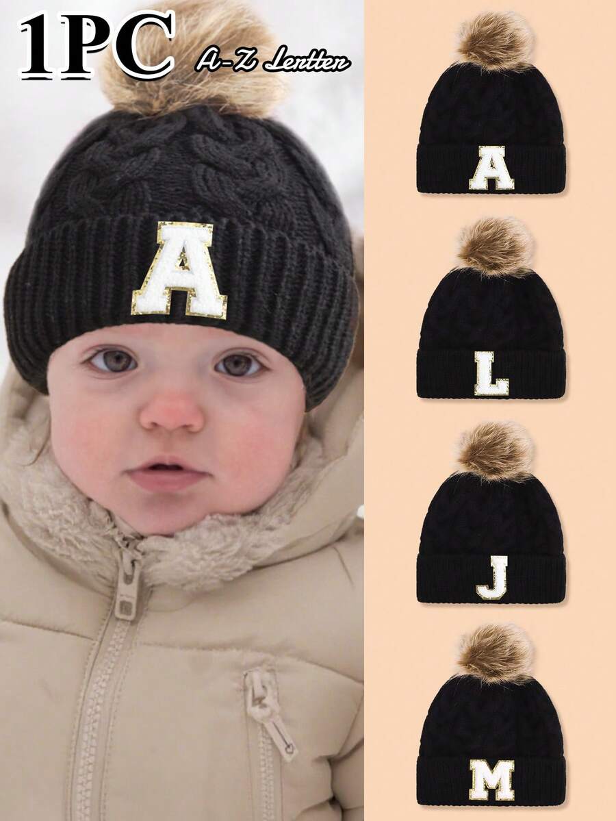 1pc Baby & Toddler Letter Pom Pom Knit Hat, 26 Letters Available, Knitted Cap, Suitable For Baby Boys & Girls Everyday Wear In Autumn/Winter - Black - View 1
