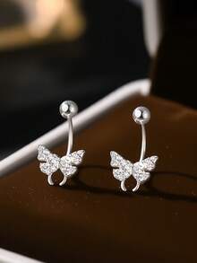 FOREVER QUEEN 1 PC 925 Sterling Silver Dangle Belly Button Rings Belly RingButterfly Belly Button Ring Dangling CZ Belly Screw Navel Barbell Piercing Jewelry For Women