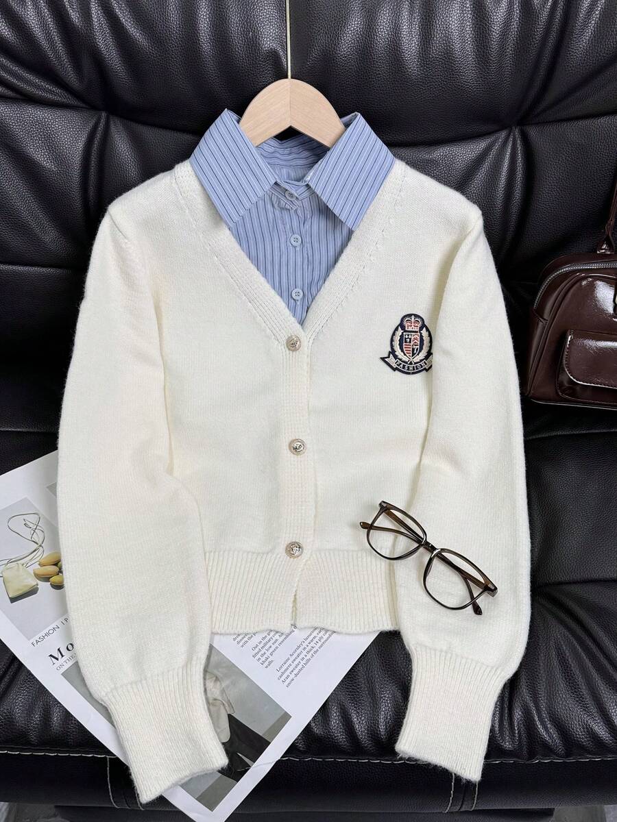 Wixra Collegiate Style 2 In 1 Polo Collar Knit Cardigan, Versatile Sweater Jacket Essential For Back To School Season, Autumn - Apricot - View 1
