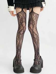 1 双女式花卉蕾丝渔网袜，性感镂空网眼拼接紧身裤袜，带吊袜带 - 彩色 - 查看 3