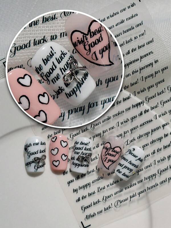 Nagel-Kunst Aufkleber mit englischem Segensmotiv in handgeschriebener Kalligrafie, stilvolle und elegante Kalligrafie, schwarz-weiße vielseitige Aufkleber, geeignet für persönliche DIY-Verwendung durch Frauen und Damen