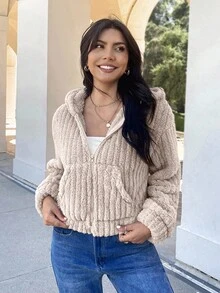 EMERY ROSE معطف فلانيل مزود بغطاء للرأس وأكتاف منسدلة مع سحاب - لون مشمشي - مشاهدة 2