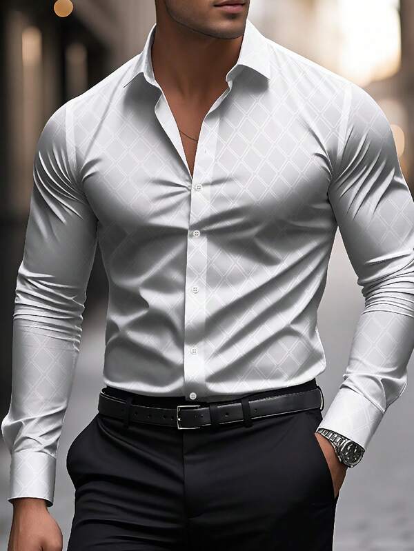 Men's Fashion Casual Business Commuter Mandarin Collar Solid Color Button Long Sleeve Shirt, Men's Formal Slim Fit Shirt, Men's Solid Color Diamond Jacquard Shirt. Suitable For Daily Wear, Work Commute, Outings, Gatherings, Can Be Paired With Suit Pants Or Suits For Parties, Weddings, Honeymoons. Can Be Given As A Gift To Son, Husband, Boyfriend, Father, Fall