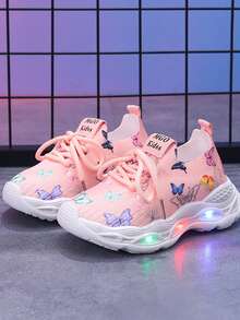 MGO Kidss Dziecięce buty sportowe MGO z nadrukiem motyli i świecącą diodą LED Princess, dziewczęce trampki sportowe, buty do biegania, codzienne buty sportowe, tenisówki, oddychająca dzianina, odpowiednie dla dziewczynek w wieku 1-6-9 lat, wiosna/jesień