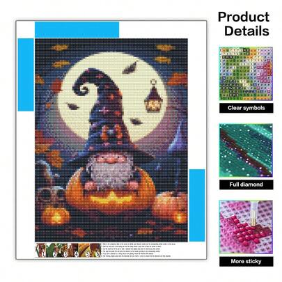 1 pieza Kit de pintura de diamantes - Pintura de diamantes redonda completa de un hombre mayor con sombrero, calabaza, luna llena, adecuada para la decoración del hogar - Aplicable para la decoración de paredes del dormitorio, sala de estar, entrada, estudio y baño, regalo artístico para fiestas, sin marco