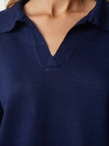 Suéter casual versátil feminino de cor sólida - Azul marinho - Ver 5