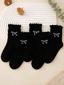 1/5 Pairs Solid Color Children's Mid-Calf Socks With Lace Trim, Minimalist Black Bow Decor, Cute & Preppy Princess Style, Soft & Comfortable, Versatile Casual & Sports Socks Suitable For Students, Sports Events, Daily Wear, Gifts - Black - View 7
