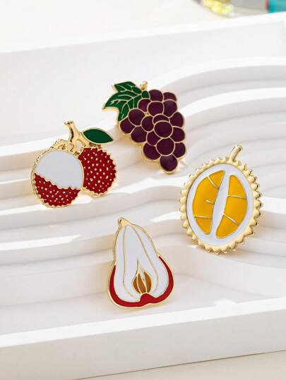 Assorted Fruit Metal Brooch Set - Lychee, Grape, Durian, Cute Design, Colorful Fashion Accessory Gift, Versatile For Daily Outfit, Bag, Sweater, Jacket, Hat, Shoes, Dress, Summer Vacation Office Accessories Shirts Jewelry Christmas Halloween