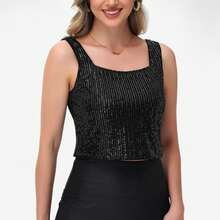 Women's Sequin Square Neck Tank Top With Sleeveless Design And Cropped Fit - Black - Black - View 1