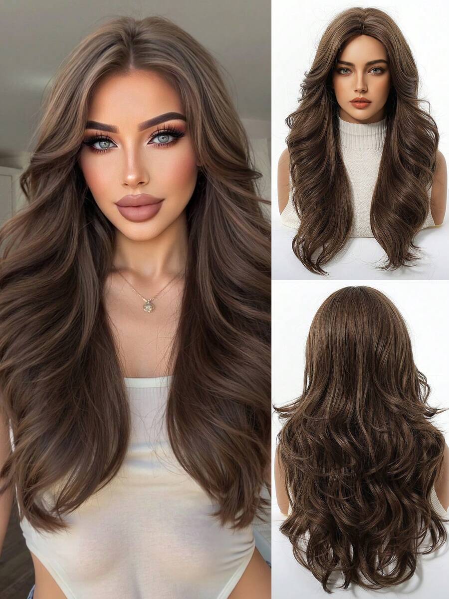 Fashionable 26-Inch Curly Wig With Medium Parting Synthetic Wigs: Natural-Looking And Heat Resistant For Party Cosplay Daily Use - Brown - View 1