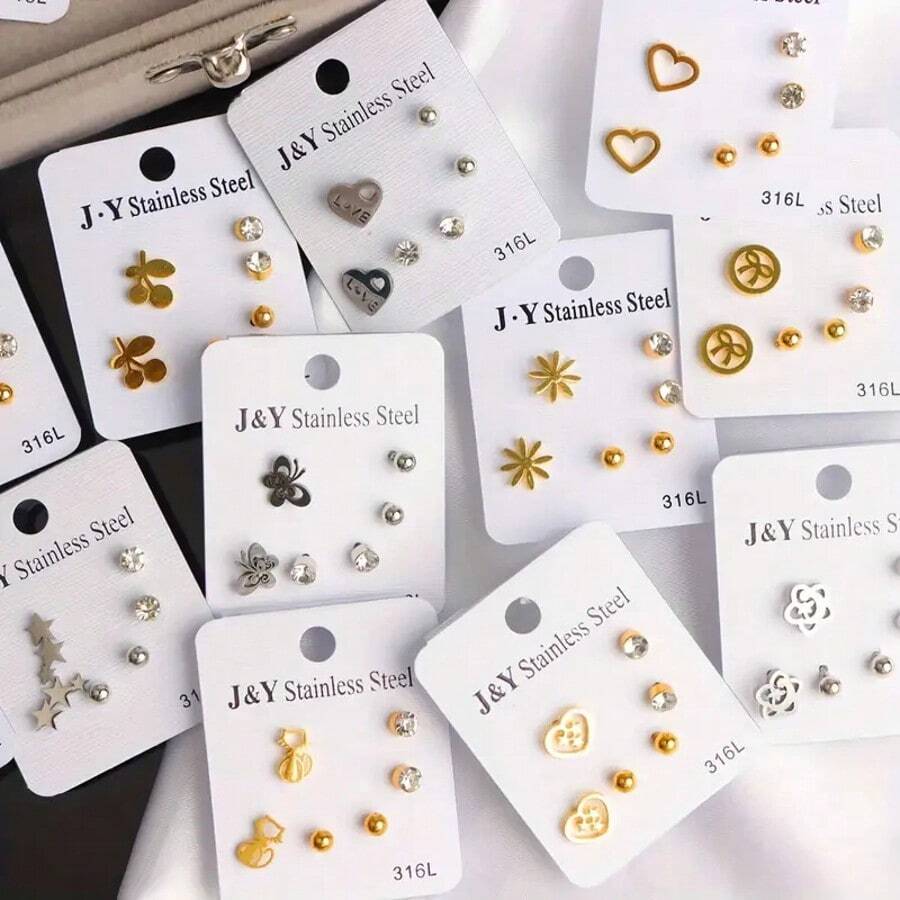 15 对/5 套简约蝴蝶和心形不锈钢耳钉，混合款式，适合派对、婚礼、日常佩戴、时尚珠宝礼物，随机发货